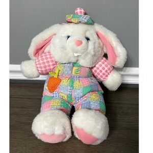 Vintage Patchwork Bunny Rabbit Plush Toy Pastel Overalls Carrot Easter Decor
